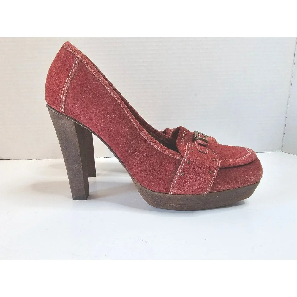 Schutz Camurcao Rouge Red Suede Platform Heels Loafer Style Chunky Heel SZ 7.5